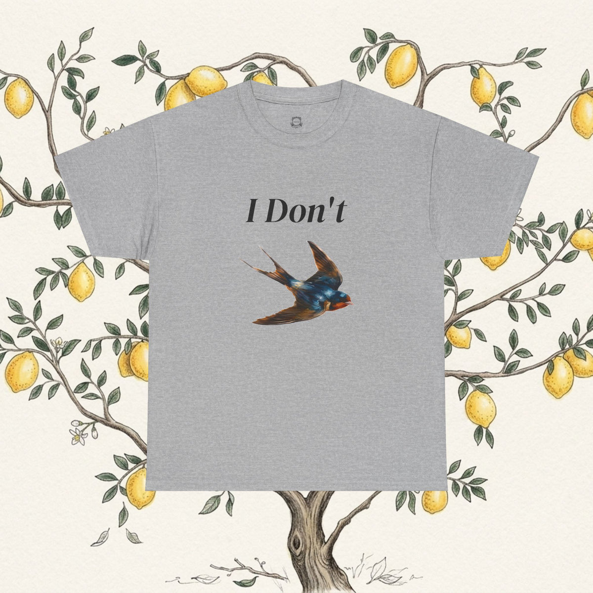 Charcoal T-shirt with 'I Don't' text and swallow bird illustration.