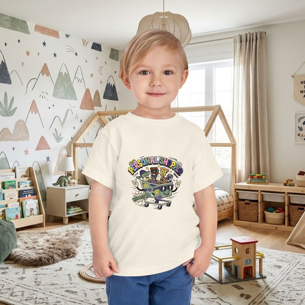 White toddler t-shirt with colorful shopping cart graphic on front