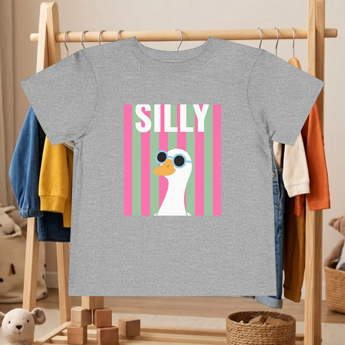 Toddler heather gray tee with “SILLY” and duck wearing sunglasses graphic