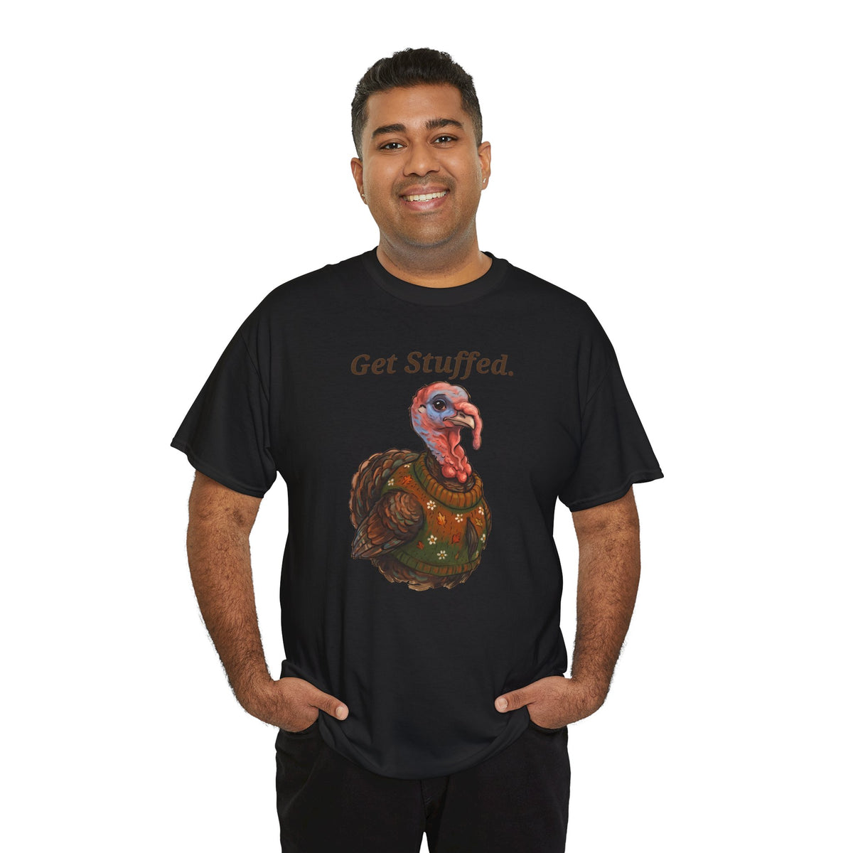Black Get Stuffed turkey graphic tee with “Get Stuffed.” text and turkey illustration
