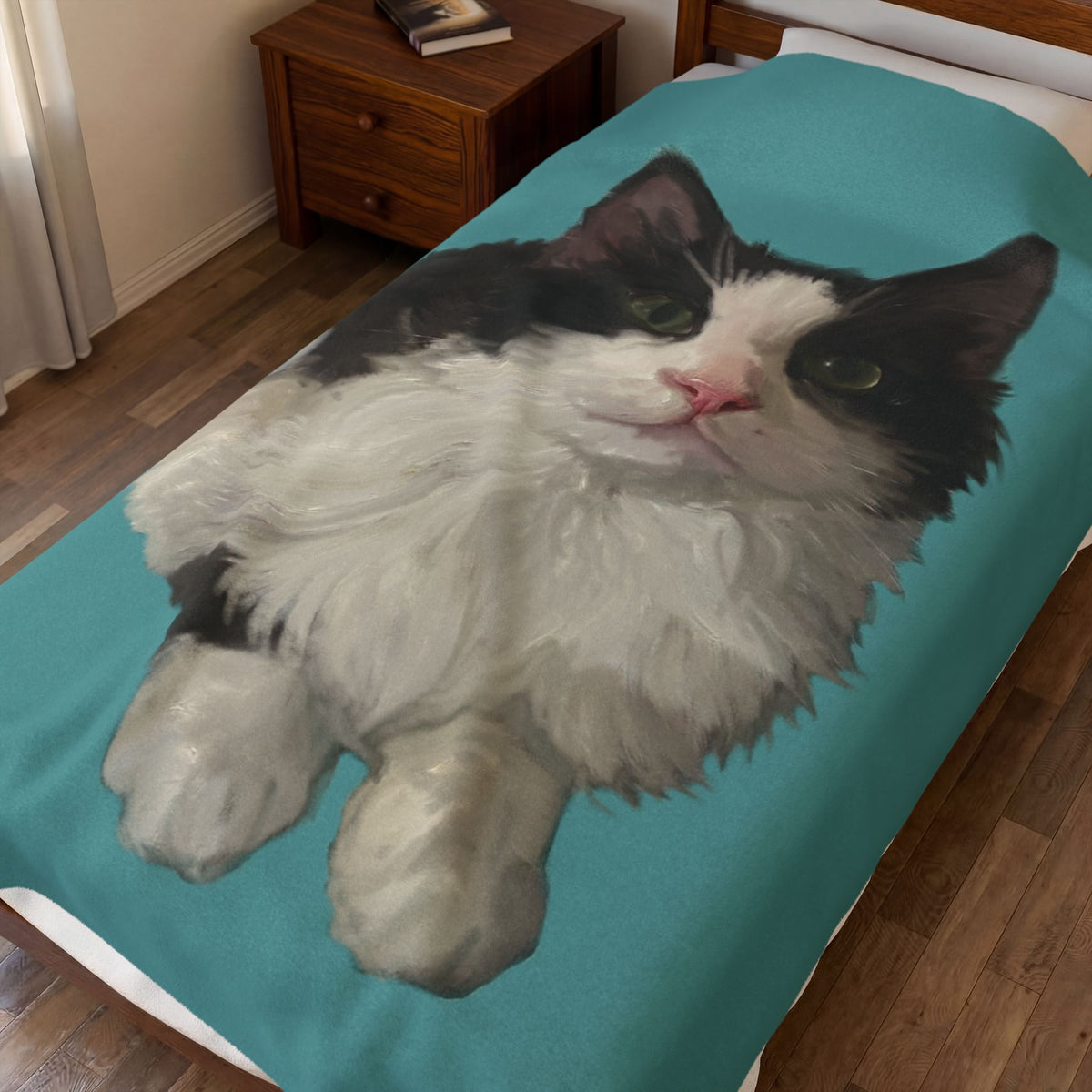 Personalized pet photo blanket, teal plush with black-and-white cat portrait photo