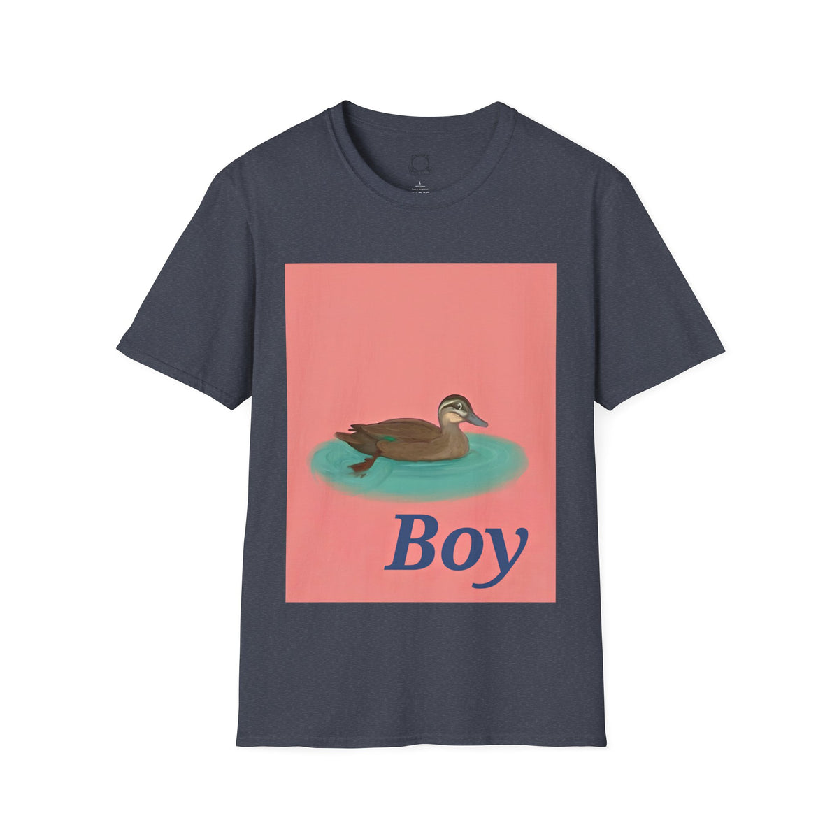 Dark gray crew-neck t-shirt with square duck-on-water graphic and 'Boy' text.