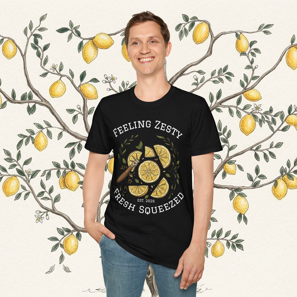 Black citrus graphic tee with lemon slices and green leaves, crew neck, short sleeves