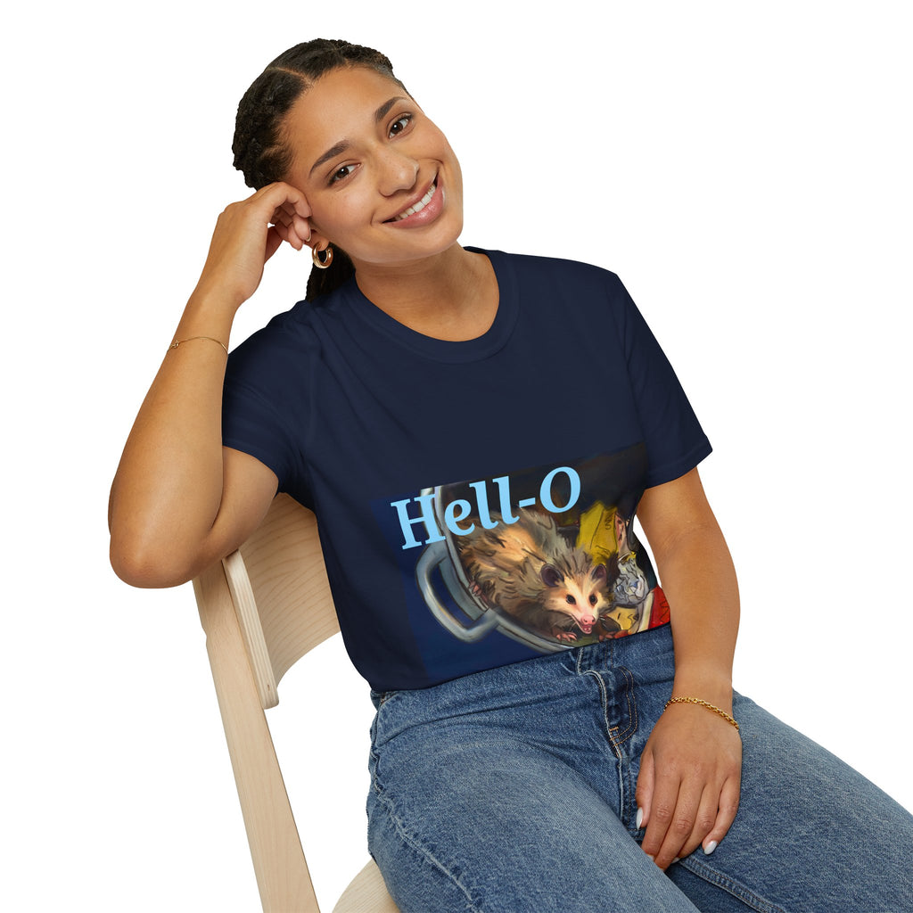 Navy T-shirt worn by model, featuring “Hell-O” and an opossum illustration front