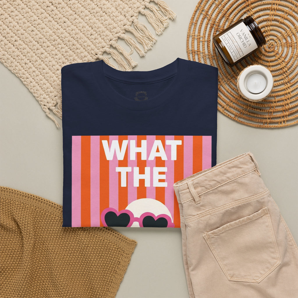 Navy graphic T-shirt laid flat with retro heart sunglasses face print