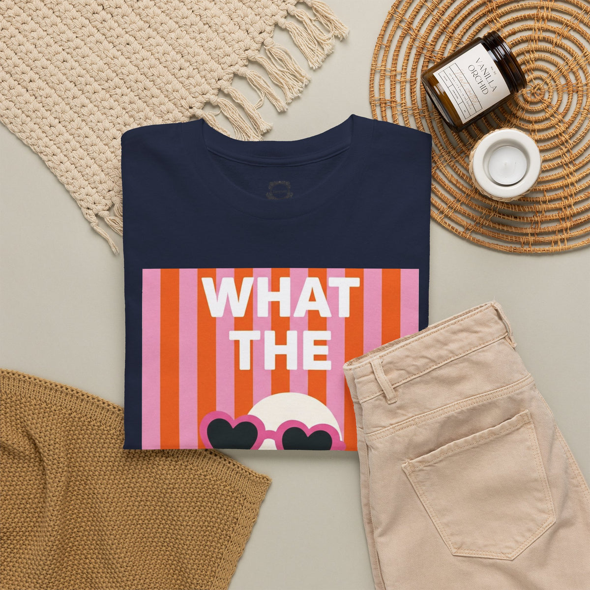 Navy graphic T-shirt laid flat with retro heart sunglasses face print
