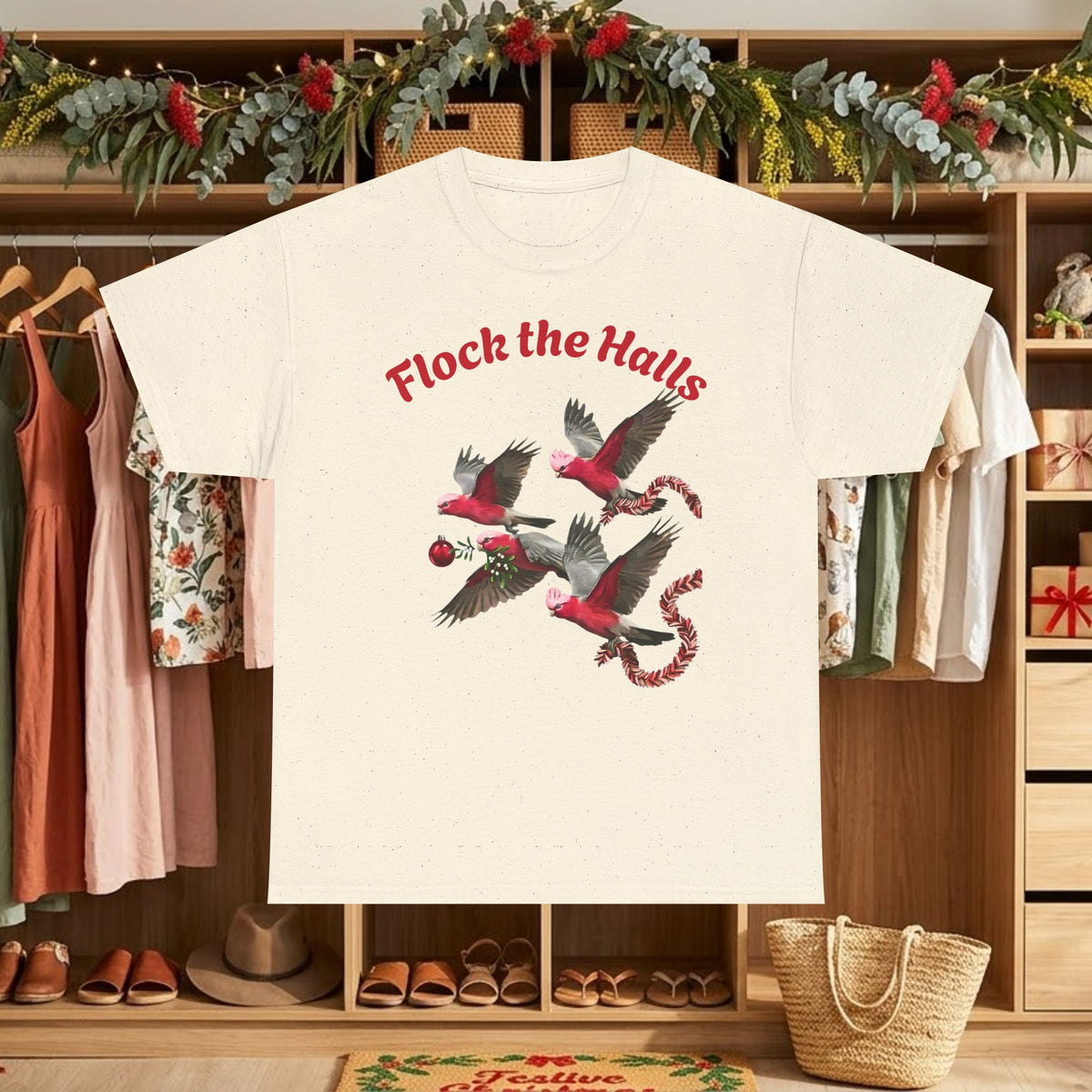 Natural off-white Christmas cardinals graphic t-shirt with “Flock the Halls” text and birds