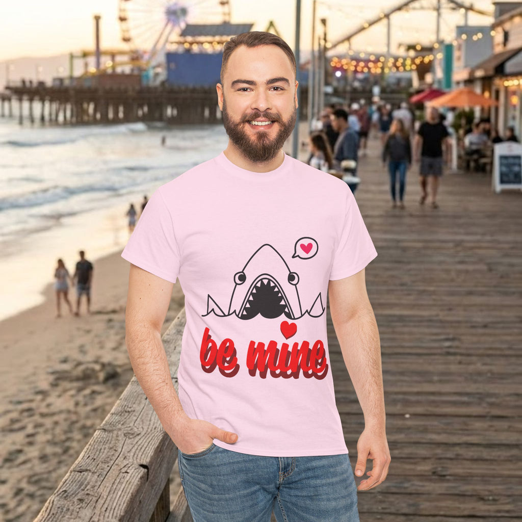 Light pink shark T-shirt with 'be mine' and heart graphic, model wearing front