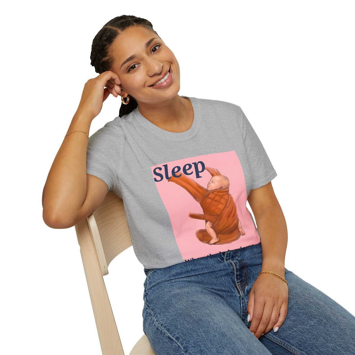 Gray short-sleeve t-shirt featuring “Sleep” sleeping baby graphic