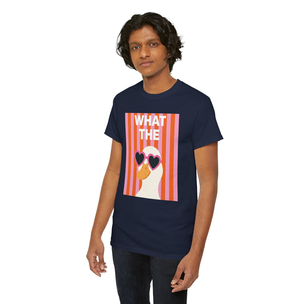 Navy crewneck T-shirt with 'WHAT THE' duck graphic and heart sunglasses, front view