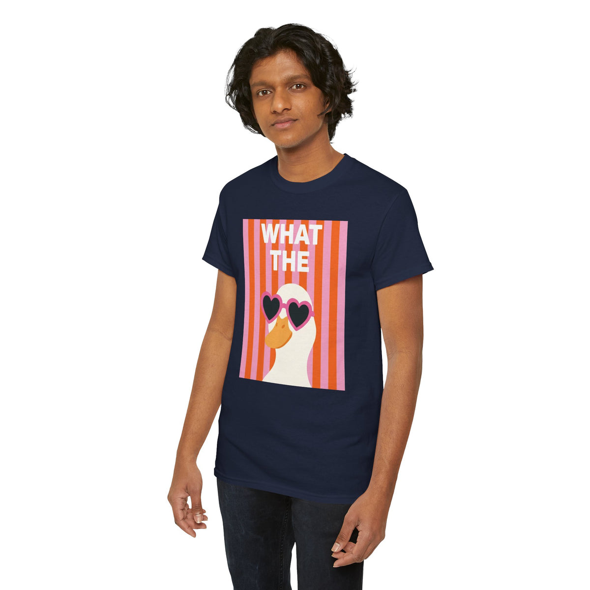 Navy crewneck T-shirt with 'WHAT THE' duck graphic and heart sunglasses, front view