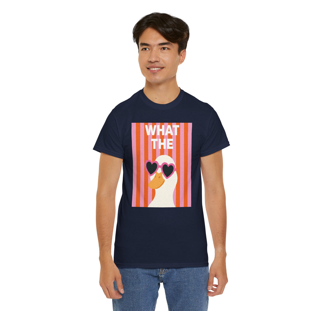 Navy crewneck T-shirt with 'WHAT THE' duck graphic and heart sunglasses on front