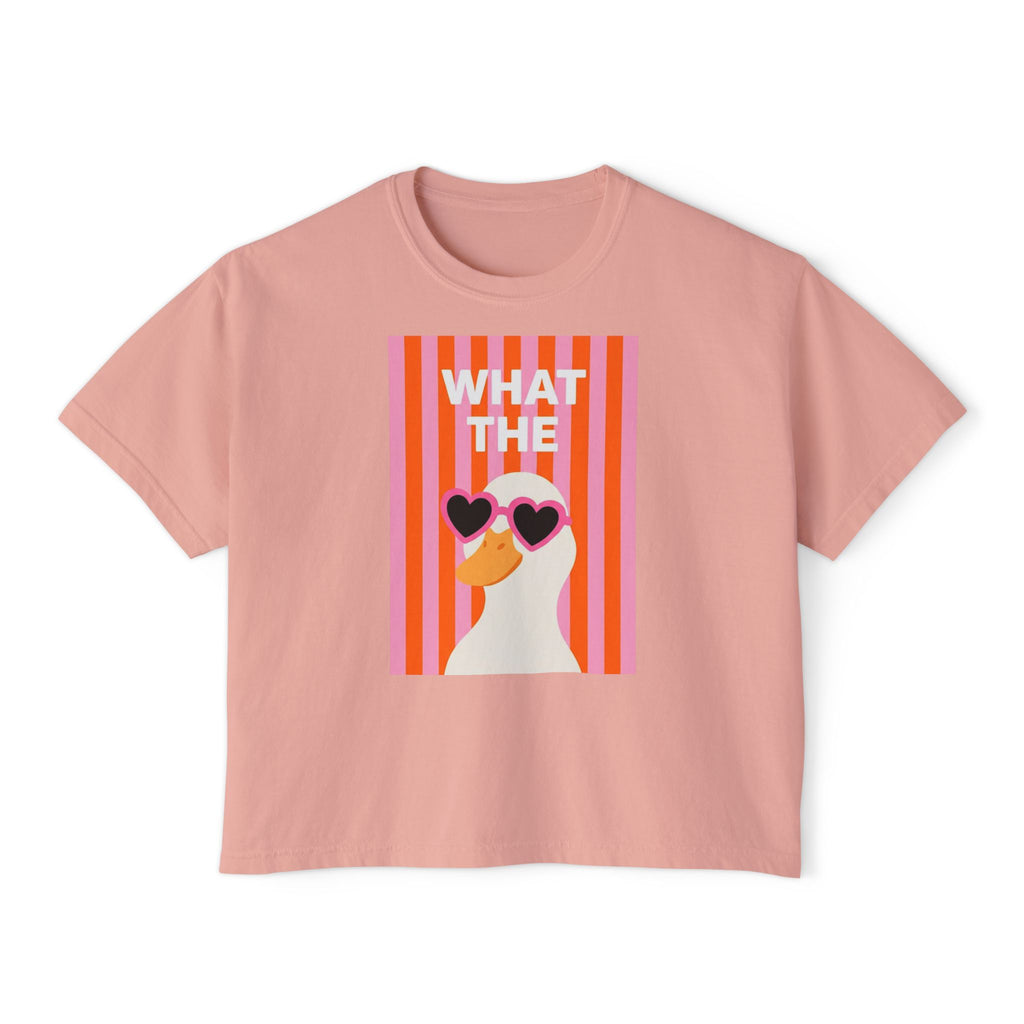 Blush boxy crop graphic tee with “WHAT THE” text and duck with heart glasses