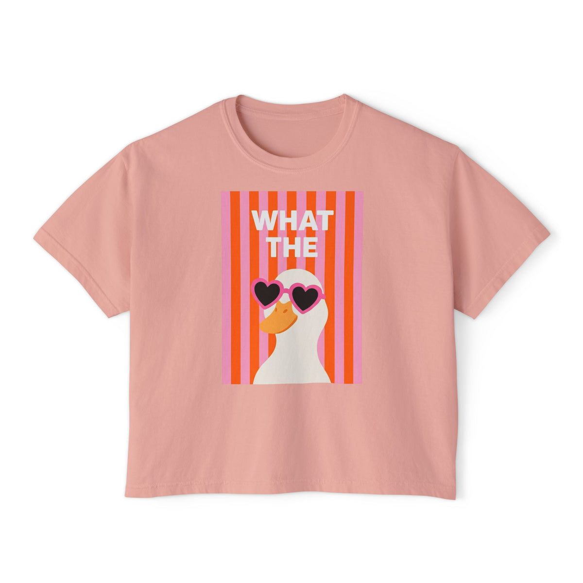 Blush boxy crop graphic tee with “WHAT THE” text and duck with heart glasses