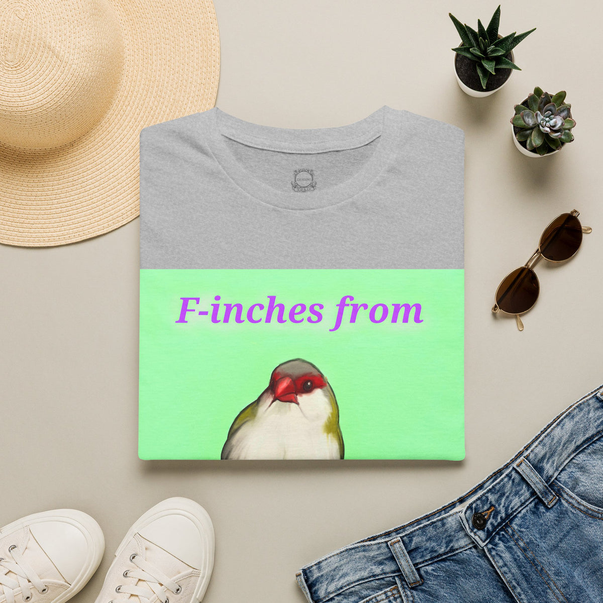Heather gray t-shirt with green graphic panel and cute bird illustration print
