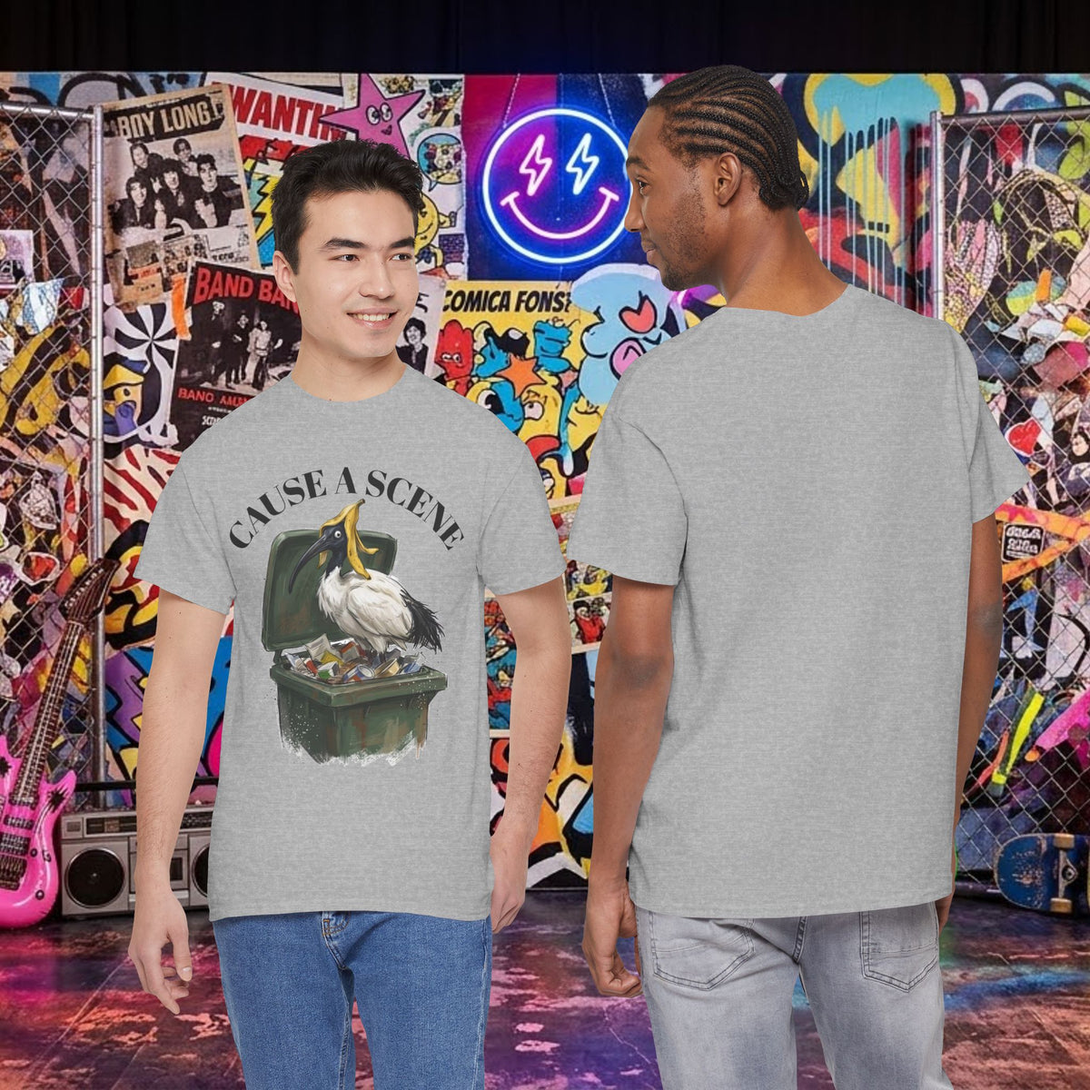 Charcoal gray t-shirt with “CAUSE A SCENE” ibis trash can graphic