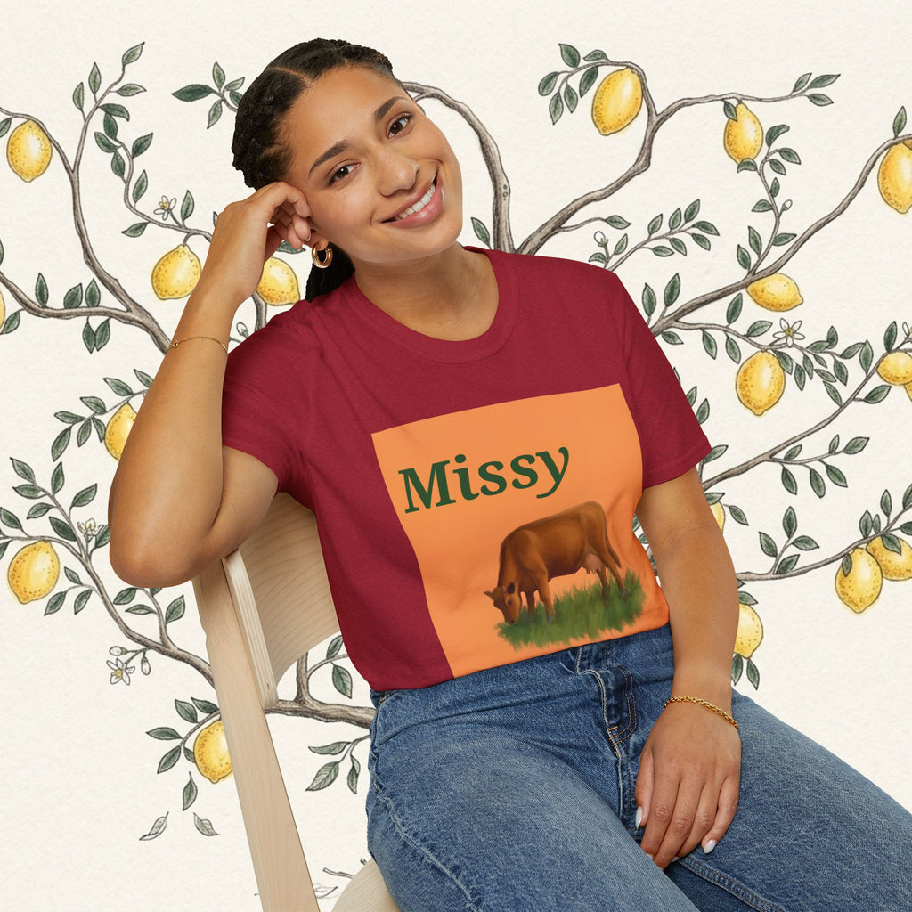 Maroon crewneck T-shirt with orange Missy cow illustration square panel