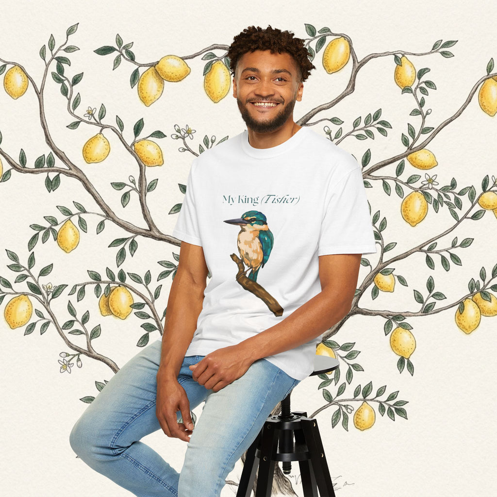 White kingfisher bird graphic T-shirt on model, crew neck, short sleeves