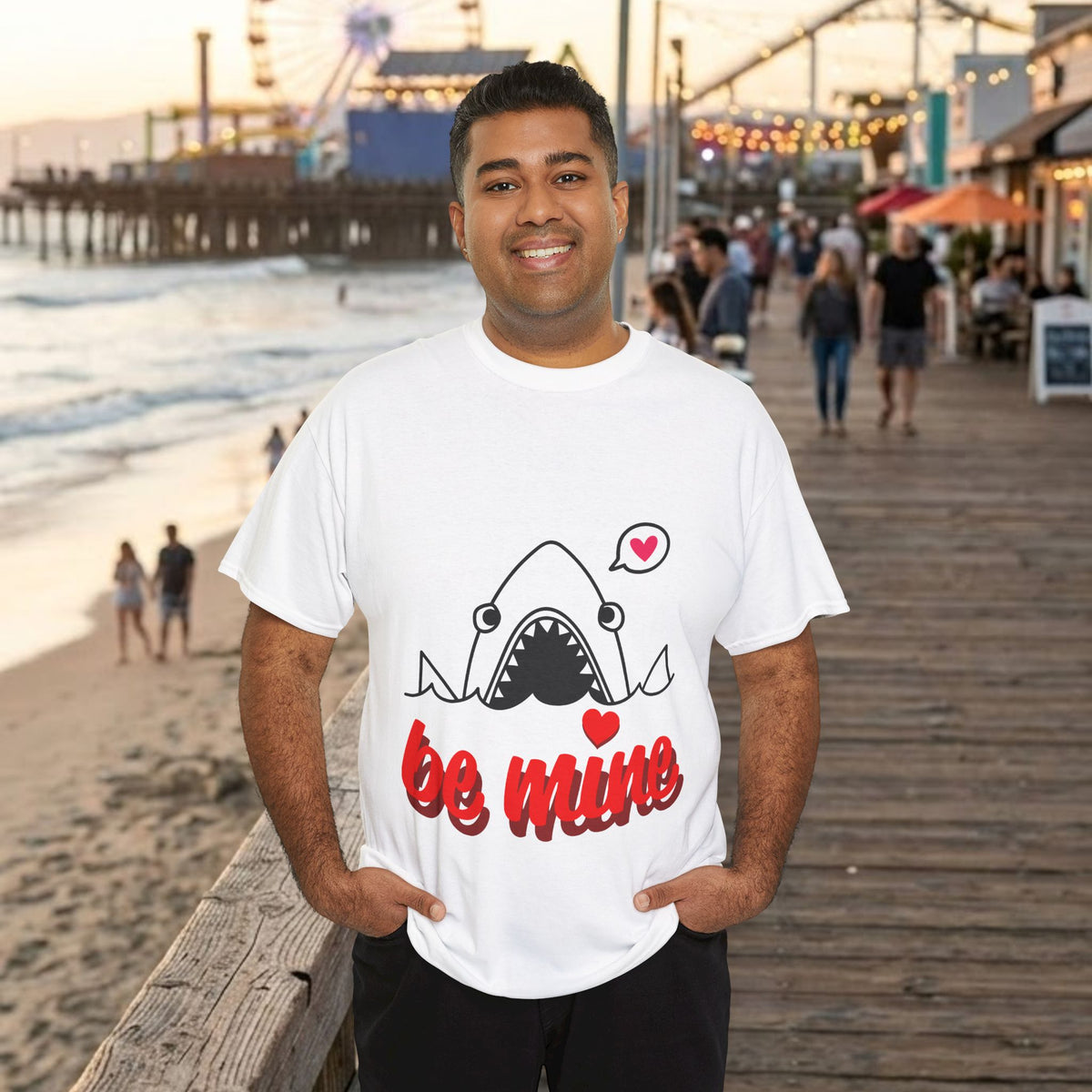 White crew-neck T-shirt with shark graphic, heart accents, and red "be mine" text