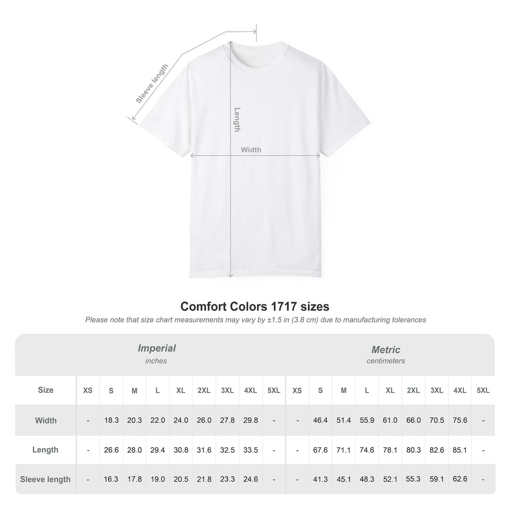 White crewneck T-shirt flat lay with size guide overlay