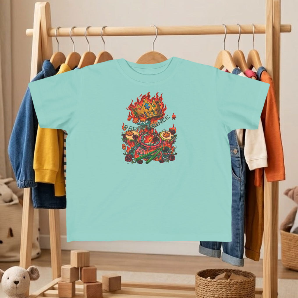 Light teal toddler dinosaur graphic tee with flaming crown and dino artwork