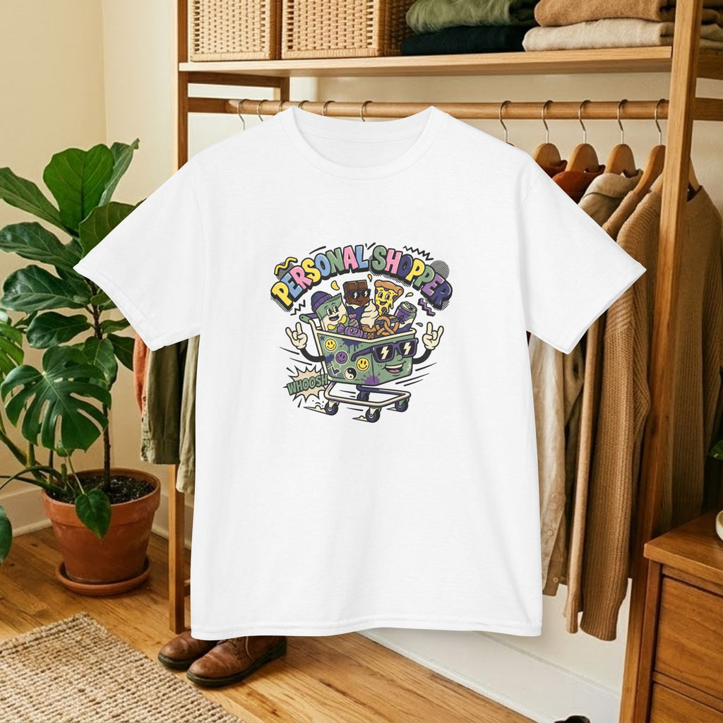 Kids white crewneck graphic tee with colorful “Personal Shopper” shopping-cart illustration