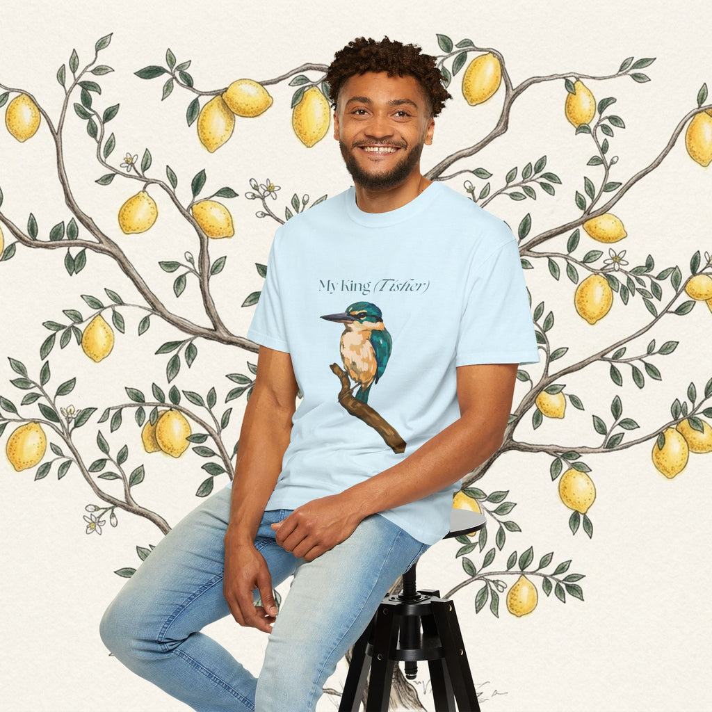 Light blue crewneck t-shirt with kingfisher graphic and script text
