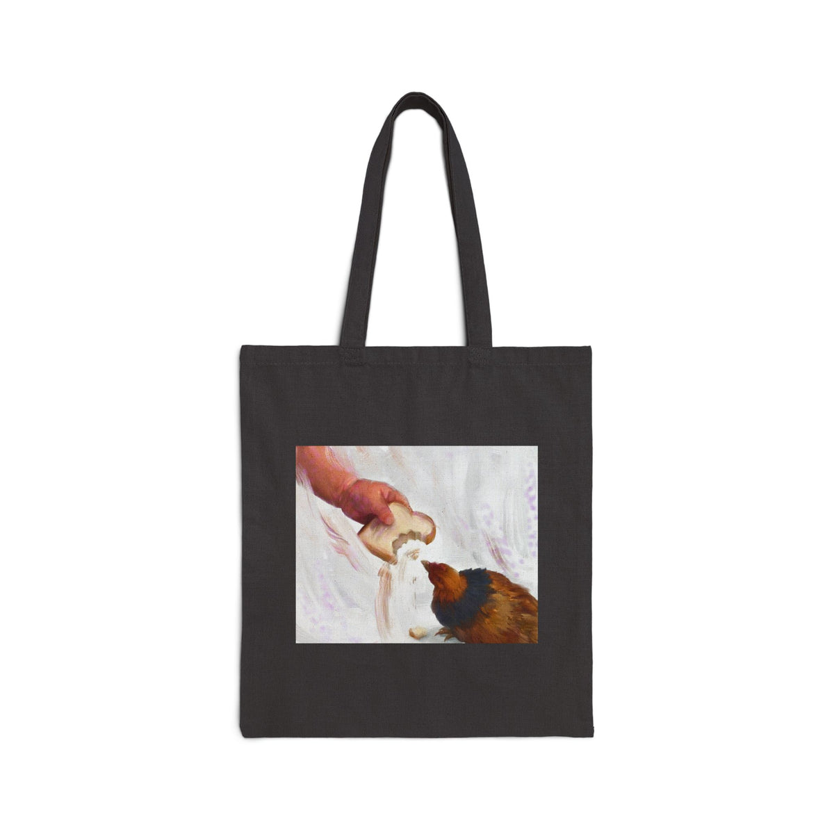 Black canvas tote bag with vintage hen feeding illustration on the front.