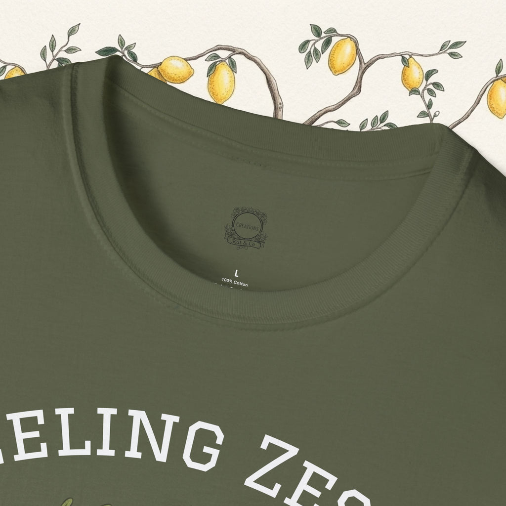 Olive green t-shirt neckline close-up with small back neck label.
