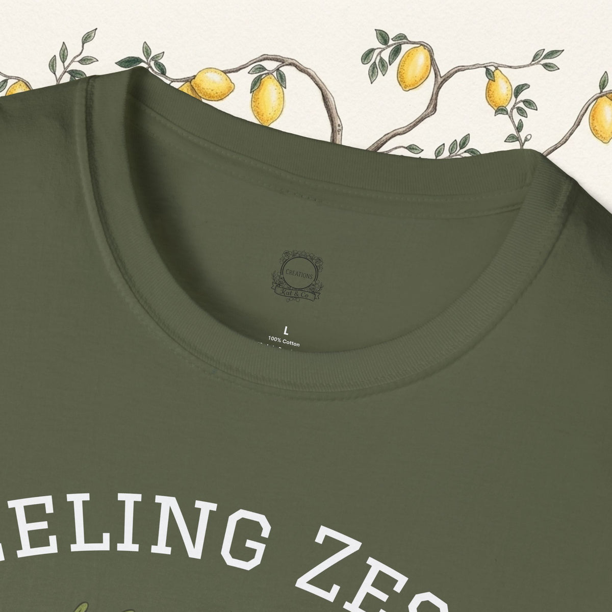 Olive green t-shirt neckline close-up with small back neck label.
