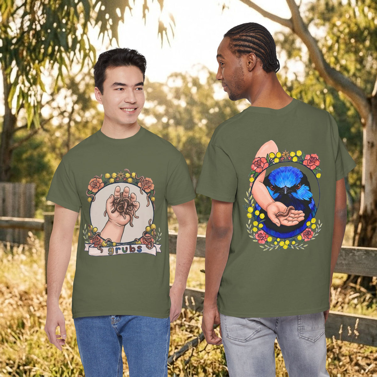 Green short-sleeve t-shirt with moon cat tarot hands graphic on front and back