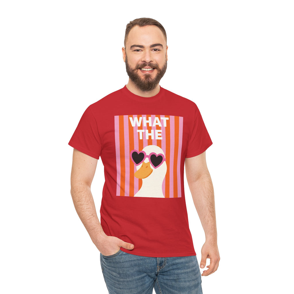 Red cotton graphic tee with duck face, heart sunglasses, and bold “WHAT THE” print