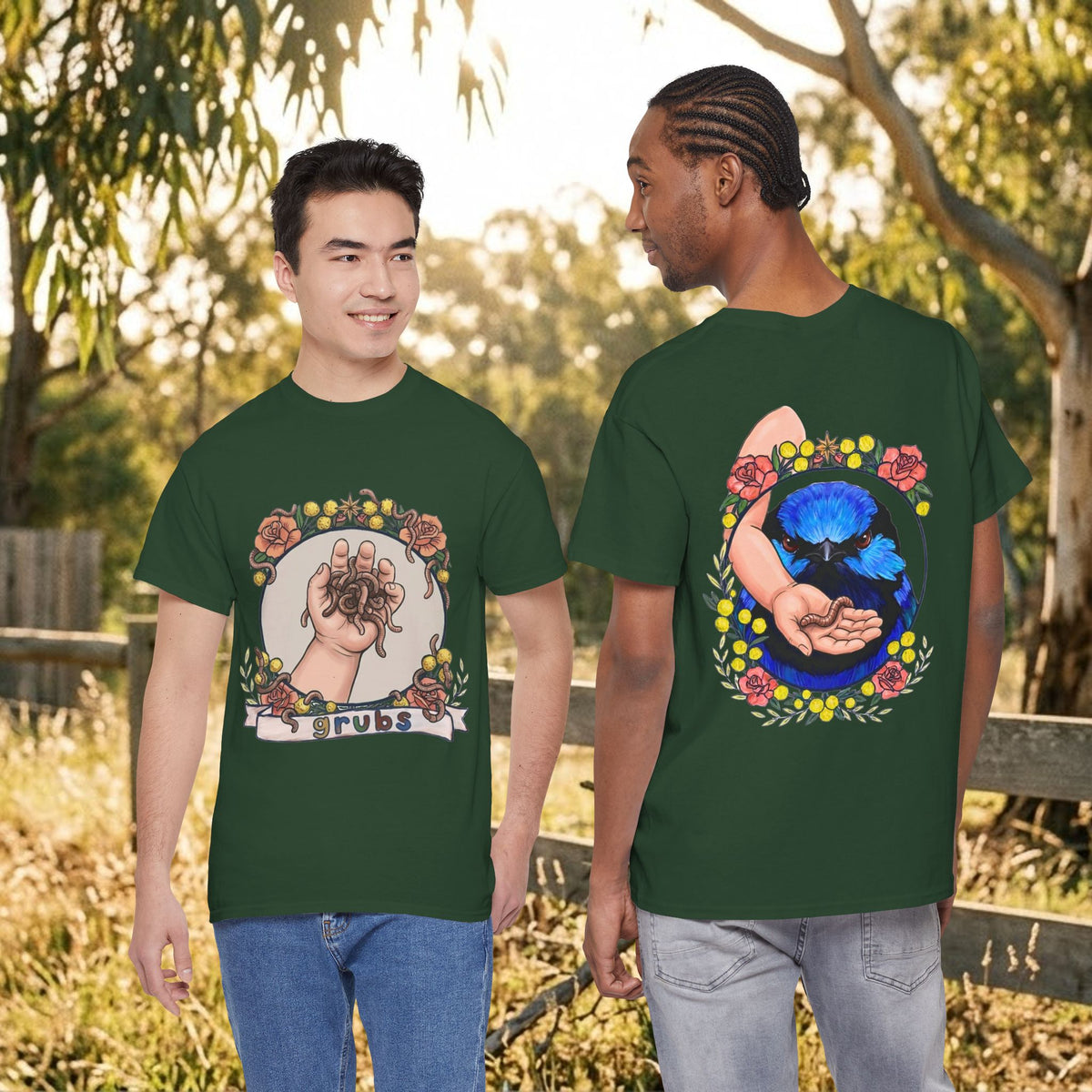 Dark green short-sleeve t-shirt with moon cat tarot hands graphic on front and back