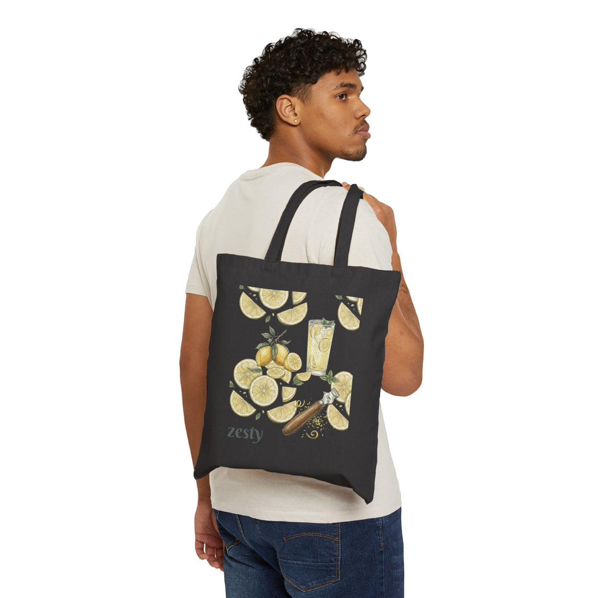 Black tote bag with lemon and citrus illustration on front