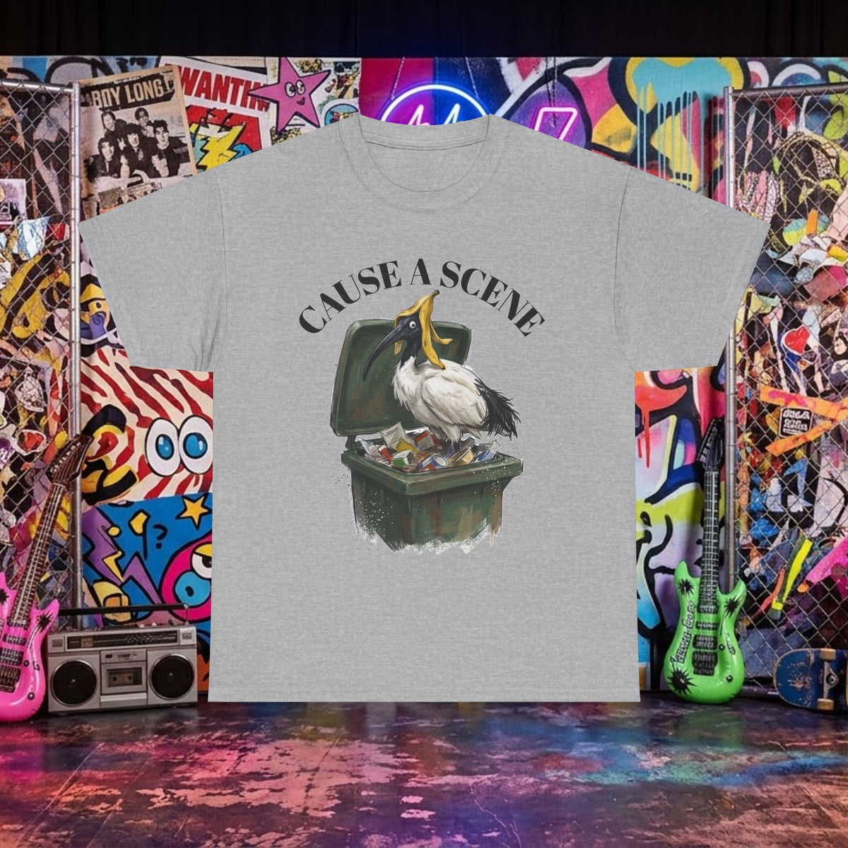 Charcoal T-shirt with ibis in a trash can graphic and "CAUSE A SCENE" text