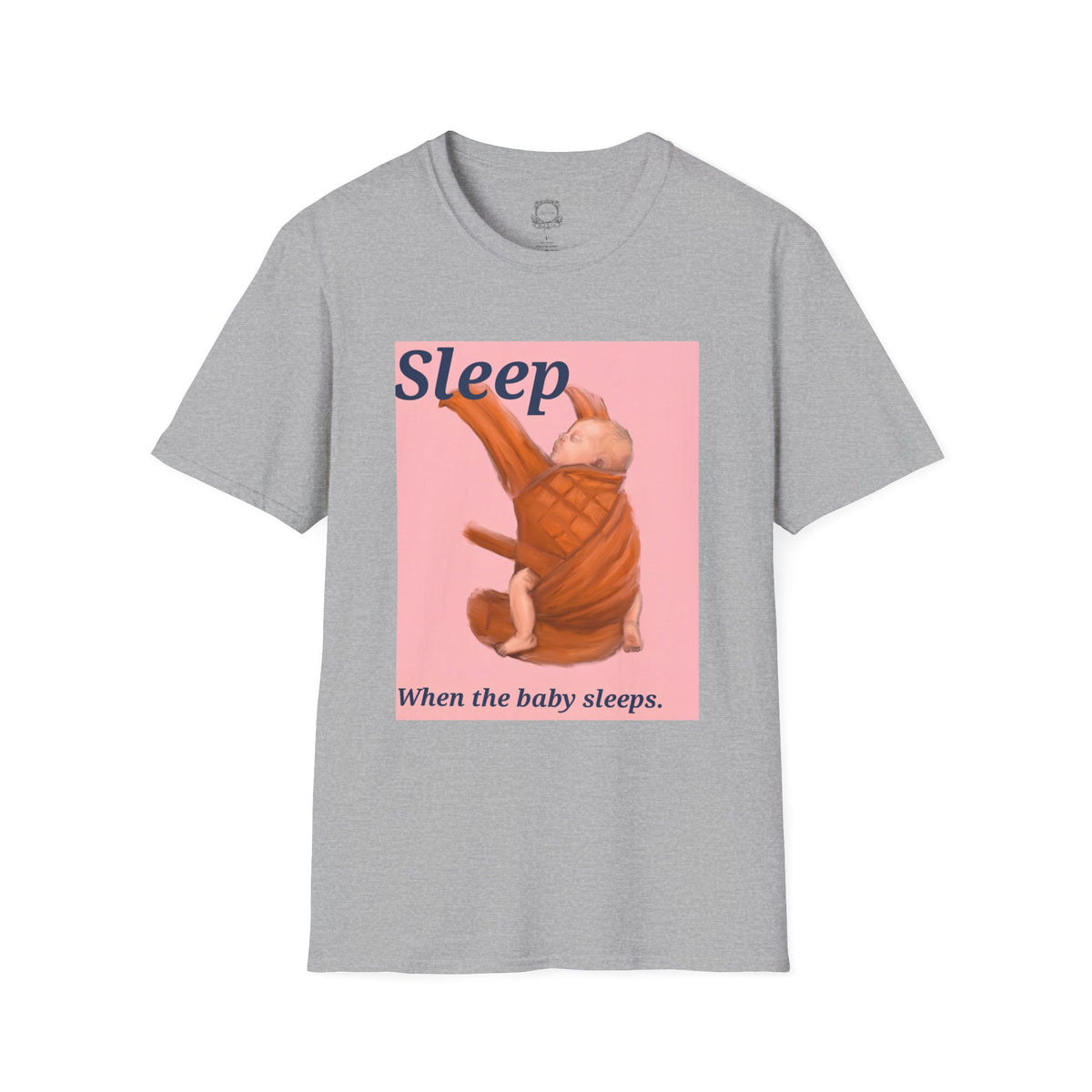 Sport gray baby graphic t-shirt with 'Sleep' sleeping infant illustration on pink panel