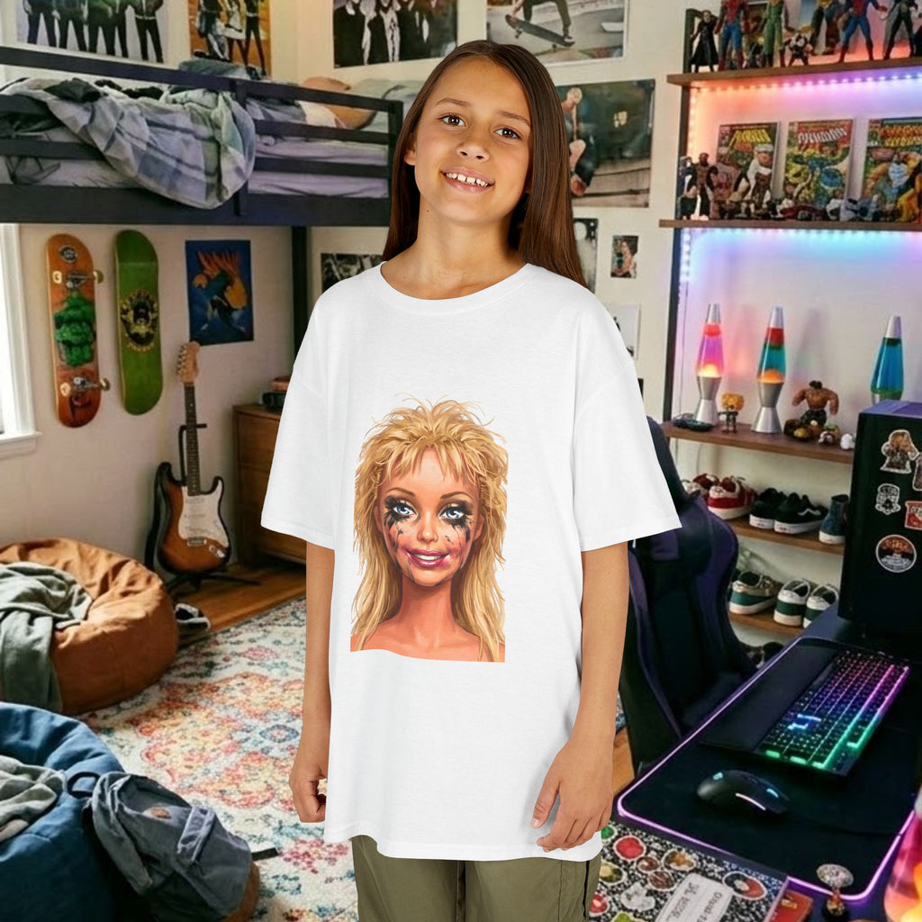 White kids T-shirt with blonde doll face portrait print on front