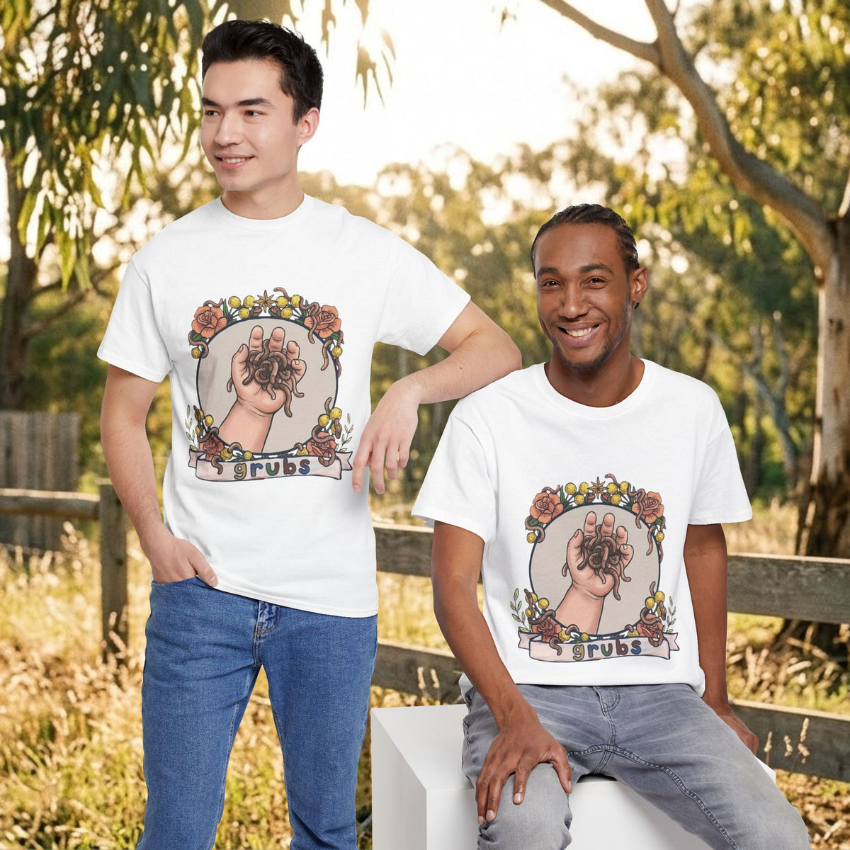 White T-shirt with circular tarot hands illustration on front and moon cat design on back