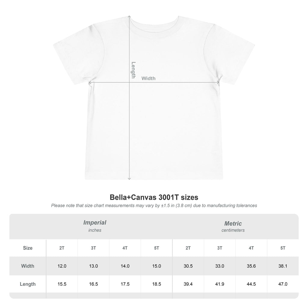 White toddler T-shirt size chart diagram with measurements