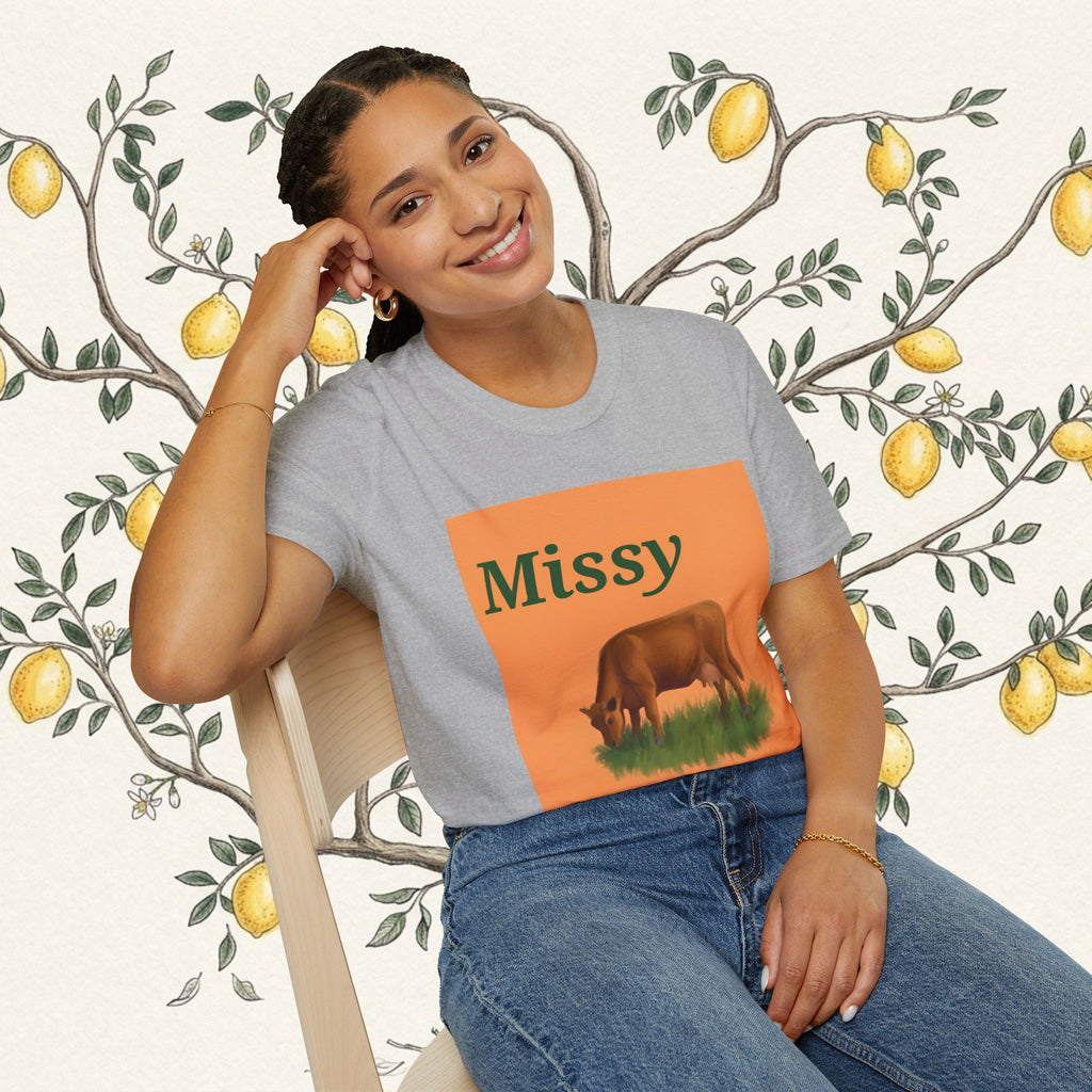 Heather grey short-sleeve T-shirt with orange square cow graphic and text