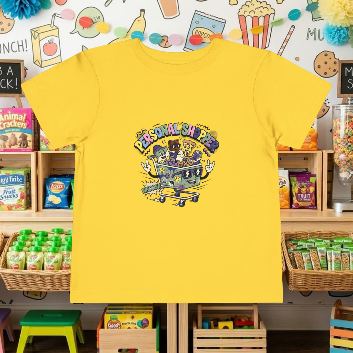 Toddler T-shirt in yellow with “Personal Shopper” shopping cart graphic on front