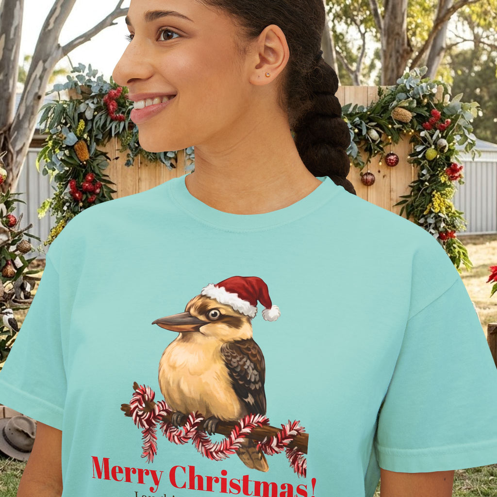 Turquoise T-shirt close-up of kookaburra Santa hat holiday graphic
