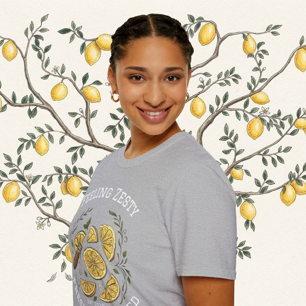 Gray short-sleeve tee with lemon slice graphic and “Feeling Zesty” text