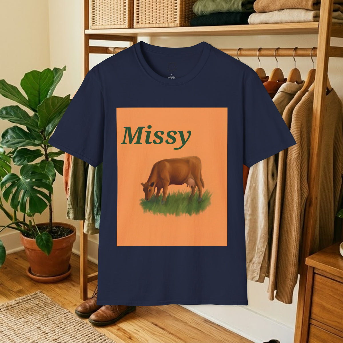 Navy short-sleeve T-shirt with orange “Missy” cow graphic on front