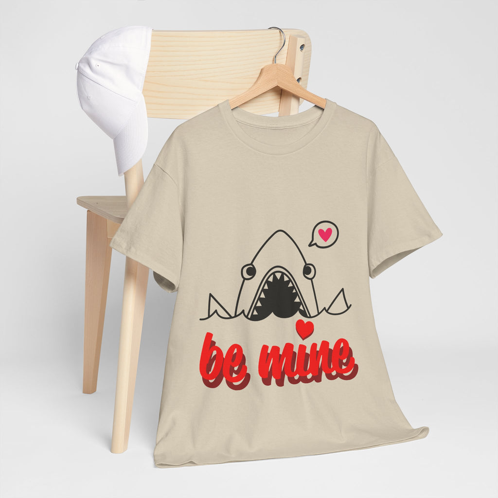Sand T-shirt with shark graphic, pink heart accents, and “be mine” slogan