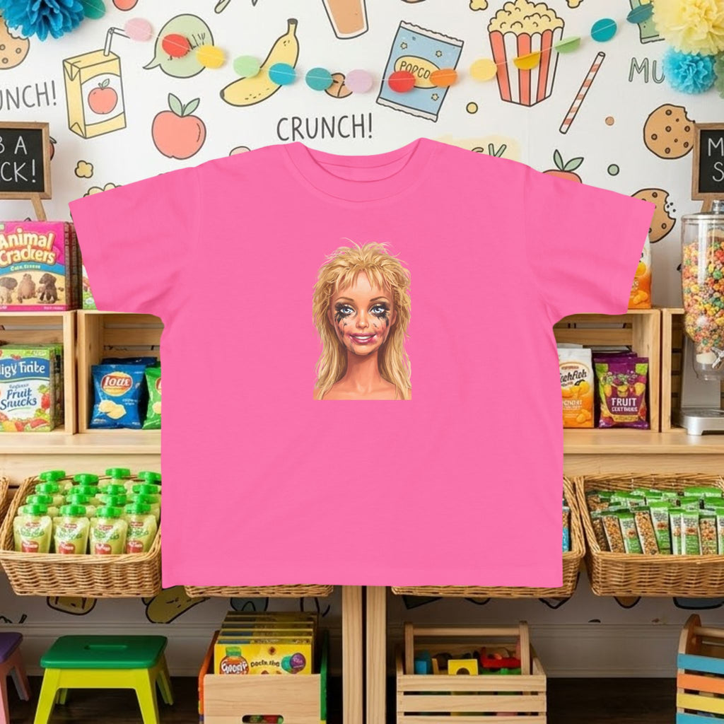 Hot pink toddler tee with smudged doll face graphic print on front