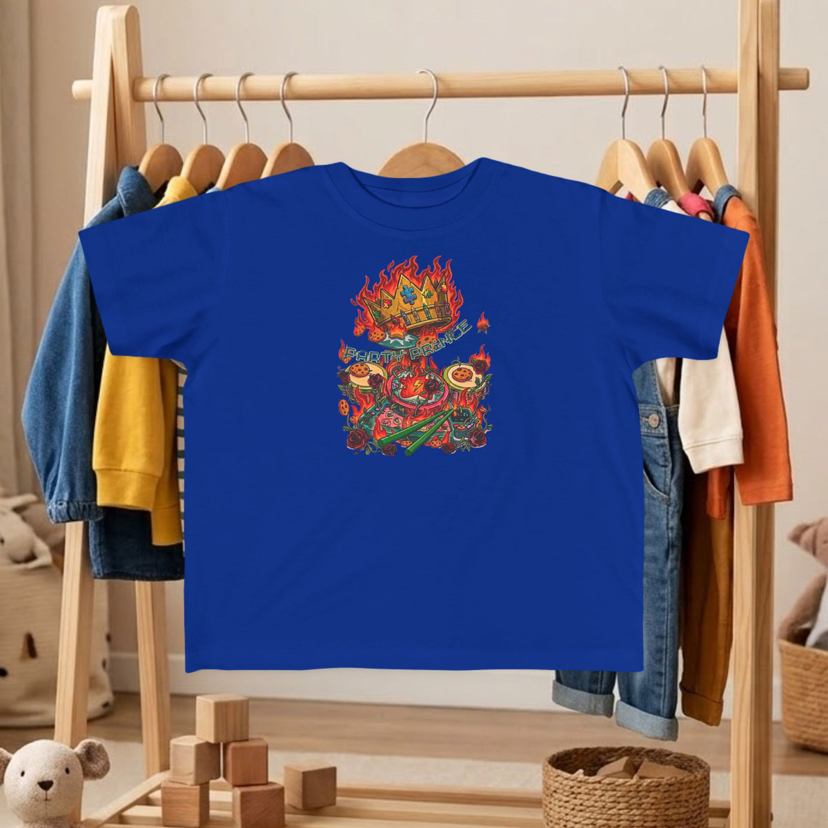 Royal blue toddler dinosaur graphic tee with flaming crown cartoon dino design