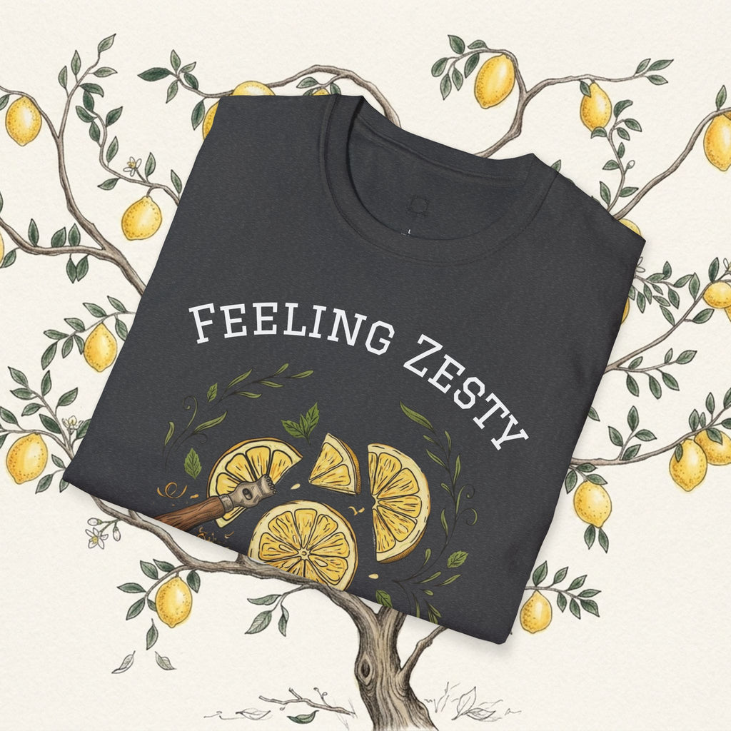 Dark graphic tee with lemon slice print and 'Feeling Zesty' text