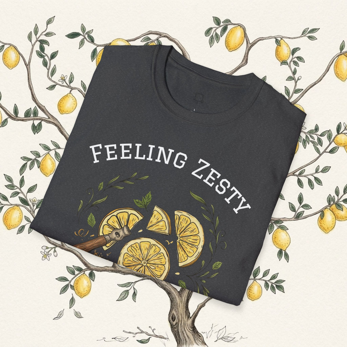 Dark graphic tee with lemon slice print and 'Feeling Zesty' text