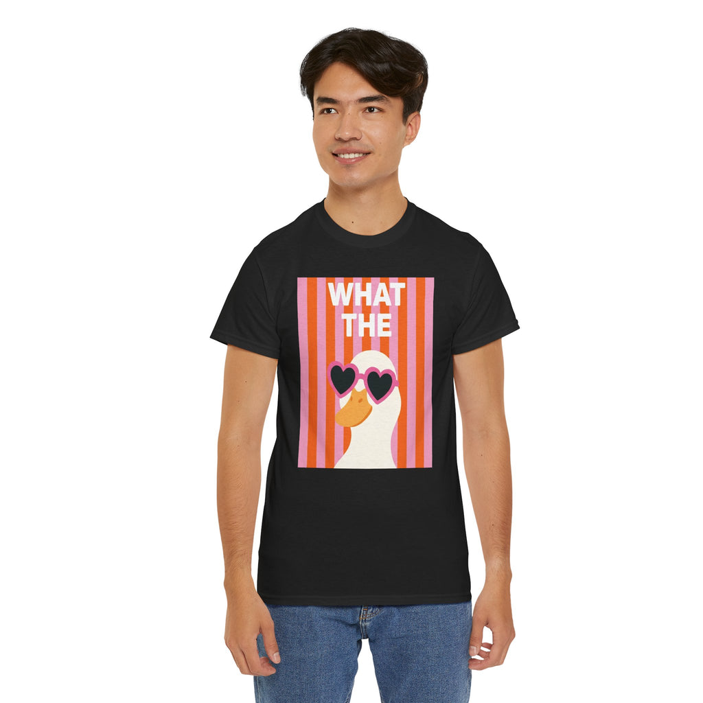 Black crewneck graphic T-shirt with “WHAT THE” text and duck wearing heart sunglasses